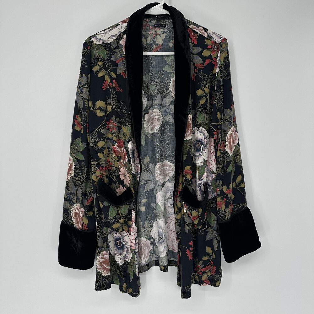 Miss Me Small Floral Kimono Jacket Floral Velvet Trim Boho Romantic Duster Boho